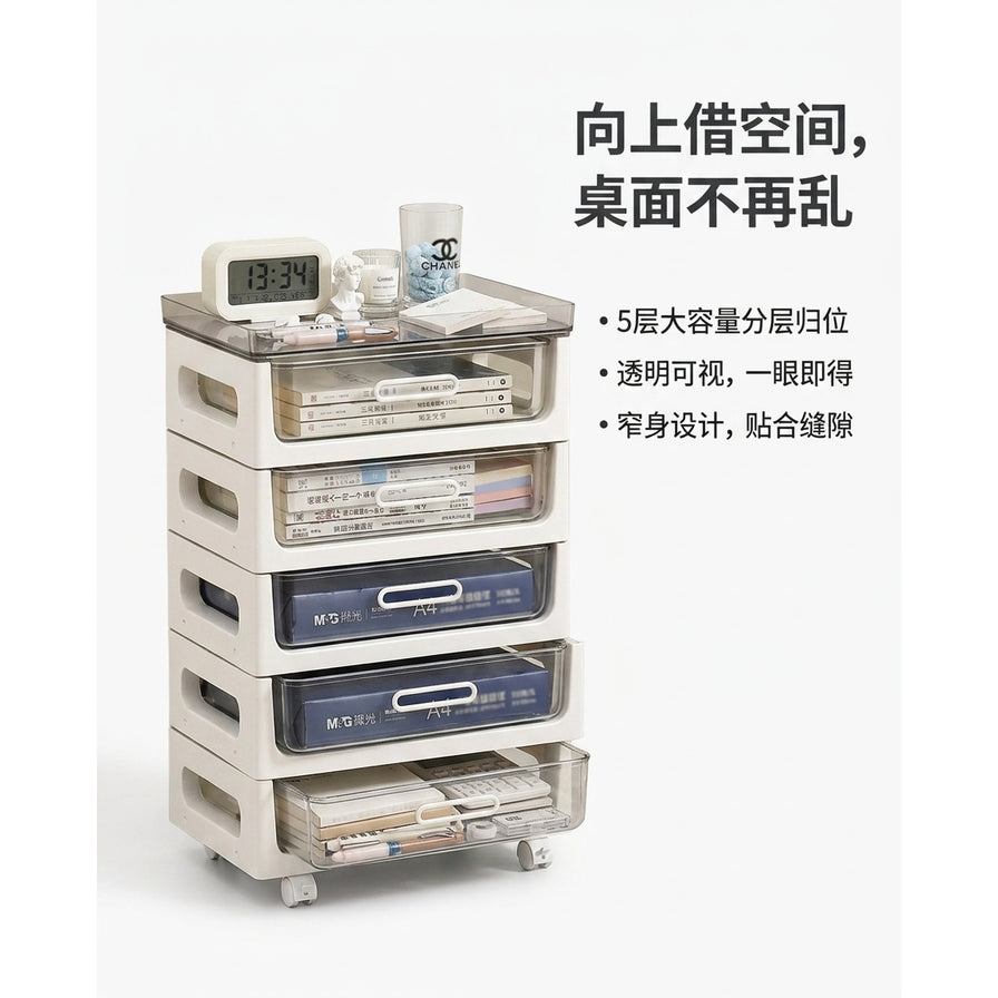 收纳柜营销海报，展示产品分层收纳功能，右侧配有中文卖点文字说明。