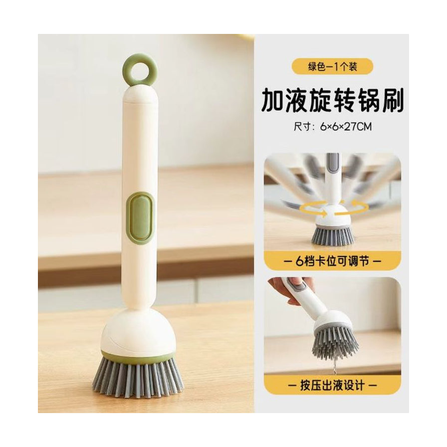 绿色款加液旋转锅刷细节图，包含6档卡位调节和按压出液设计说明，标注尺寸为6x6x27cm。