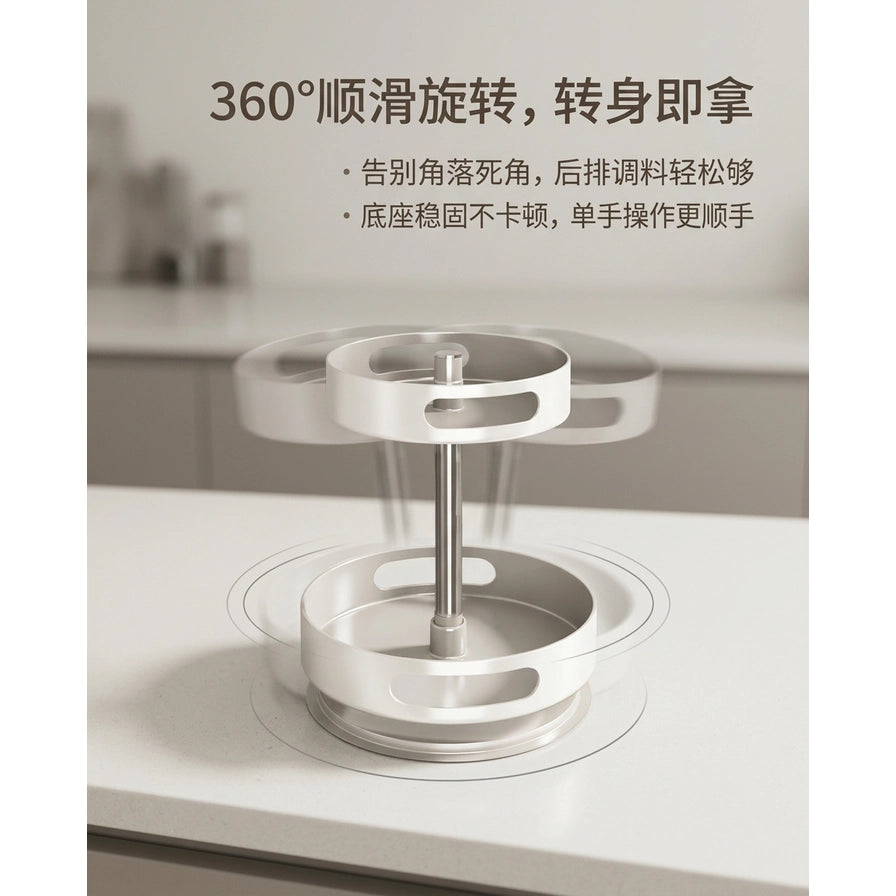 白色双层旋转调料架营销图，画面叠加中文文案“360°顺滑旋转，转身即拿”及产品卖点说明，配有旋转动态示意线条。