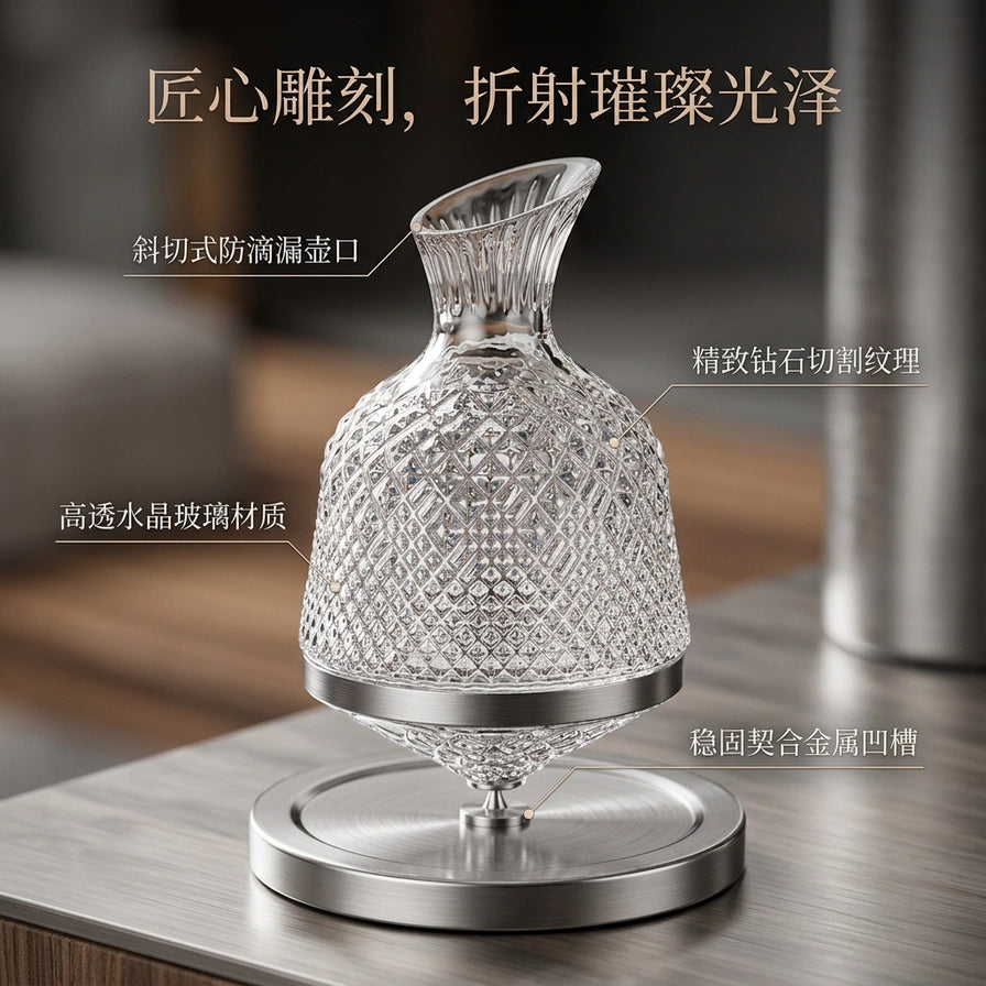 旋转醒酒器的卖点展示图，标注了斜切式防滴漏壶口、精致钻石切割纹理、高透水晶玻璃材质及稳固契合金属凹槽等细节。