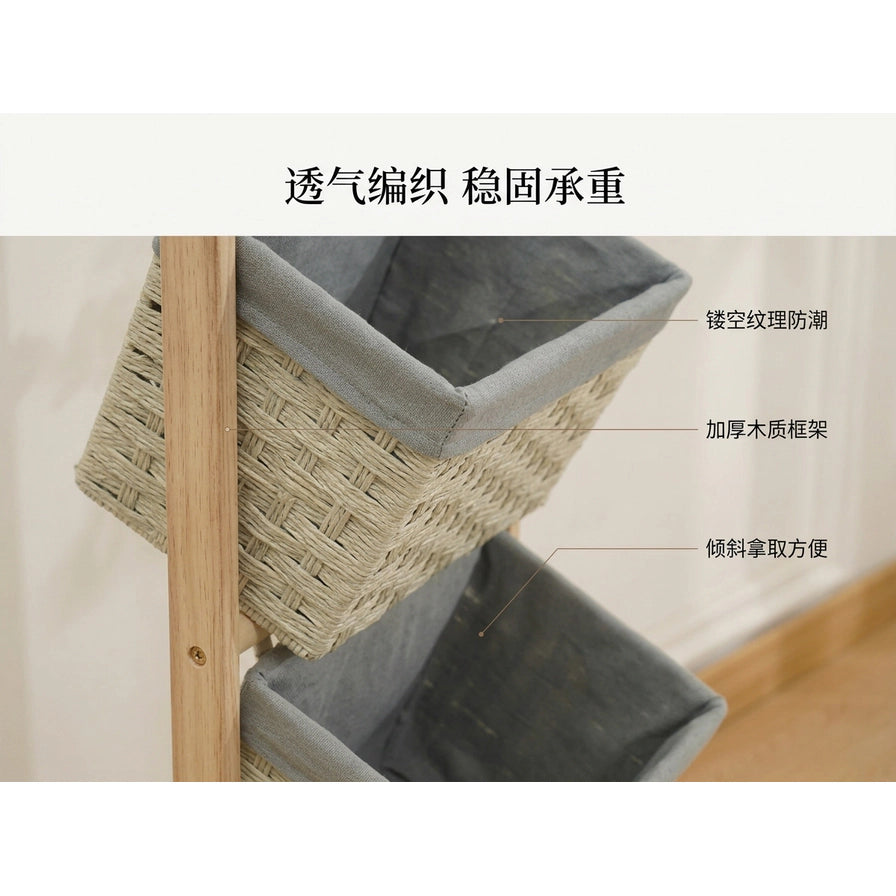 置物架细节特写图，展示透气编织纹理和加厚木质框架，配有镂空纹理防潮等中文标注。