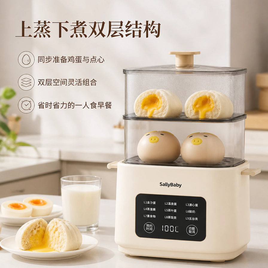 SallyBaby 煮蛋器在厨房环境中的使用场景，双层结构同时蒸煮包子，背景配有牛奶和切开的流心蛋，上方有“上蒸下煮双层结构”字样。