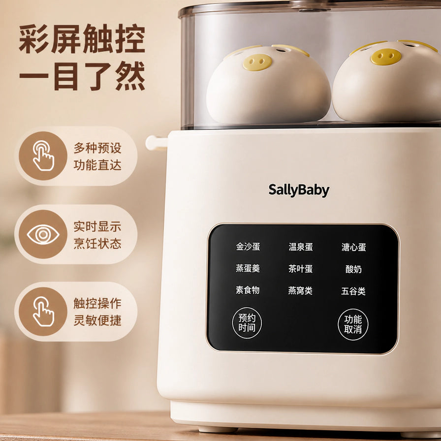 SallyBaby 煮蛋器彩屏触控面板细节特写，显示金沙蛋、温泉蛋、流心蛋等多种预设模式，左侧带有功能说明图标。