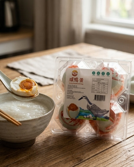 咸鸭蛋电商说明图，含中文卖点标注与食用场景示意