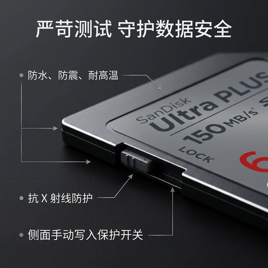 SanDisk 闪迪存储卡侧面特写，展示手动写入保护开关，配有中文标注：防水、防震、耐高温、抗 X 射线防护及侧面手动写入保护开关。