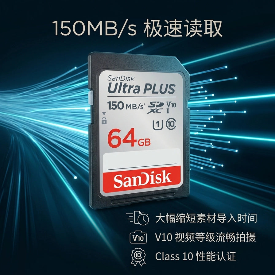 SanDisk 闪迪 Ultra PLUS 存储卡在蓝色光束背景下的展示，配有中文说明：150MB/s 极速读取、大幅缩短素材导入时间、V10 视频等级流畅拍摄。