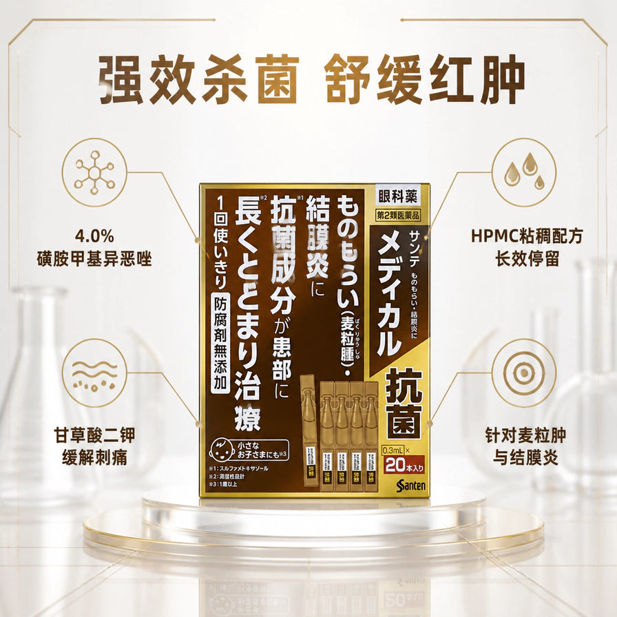 参天抗菌消炎滴眼液营销展示图，中央为产品盒，周围标注强效杀菌、舒缓红肿、HPMC粘稠配方等中文卖点。