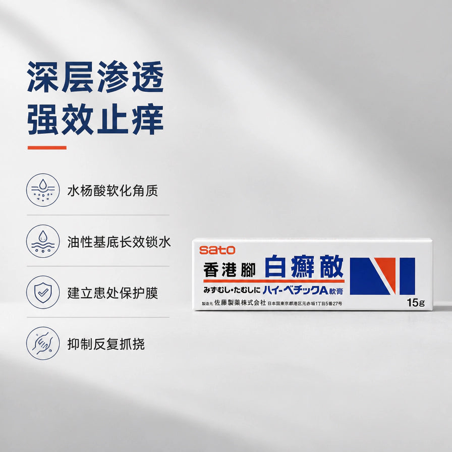灰白背景的卖点图，左侧为“深层渗透 强效止痒”等中文文案和图标，右侧展示 Sato 白藓敌软膏盒装，标注 15g