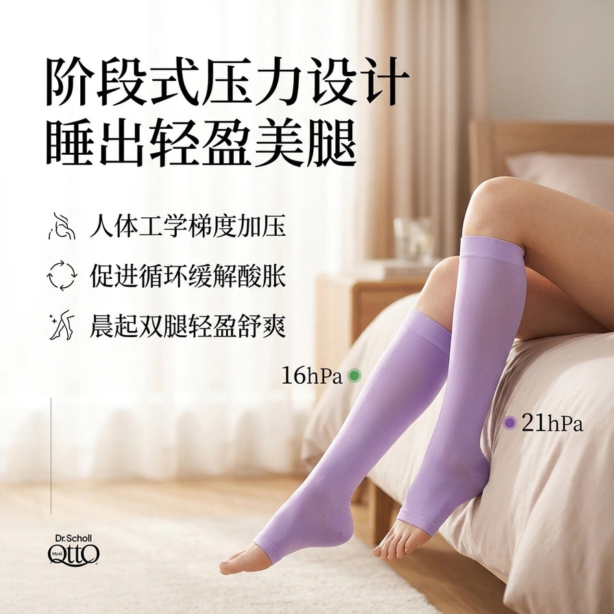 模特在床上穿着Scholl紫色睡眠减压袜，图中配有中文说明：阶段式压力设计、促进循环、晨起双腿轻盈。