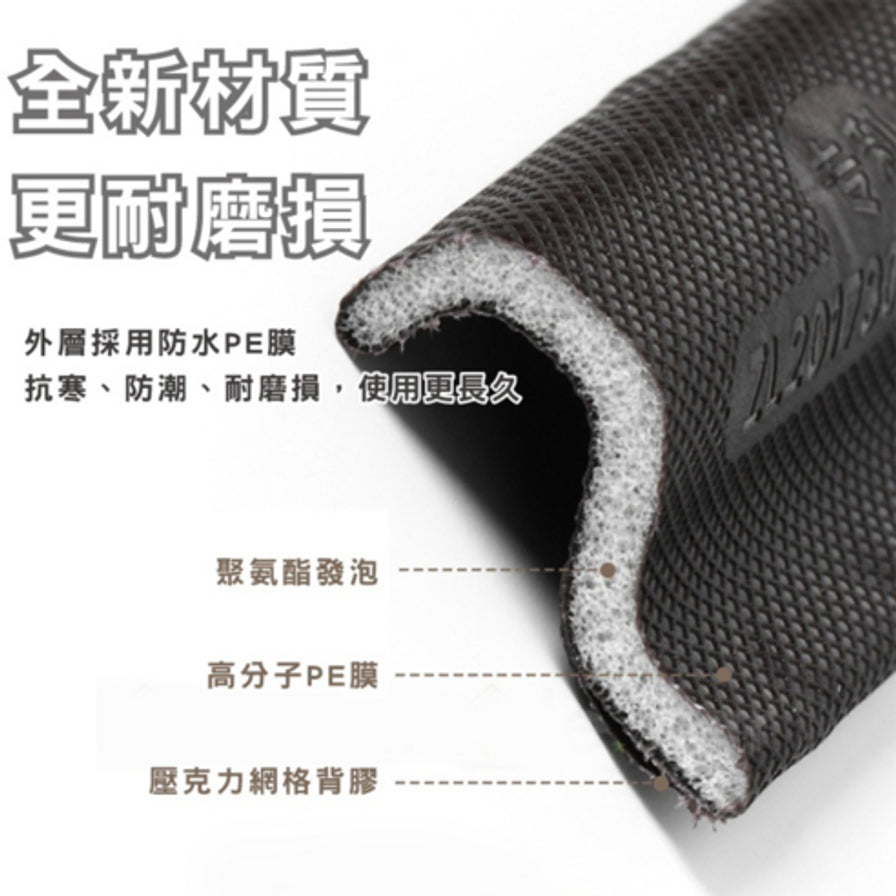 门窗密封条的材质解析图，带有中文标注说明，包括外层防水PE膜、聚氨酯发泡和压克力网格背胶。