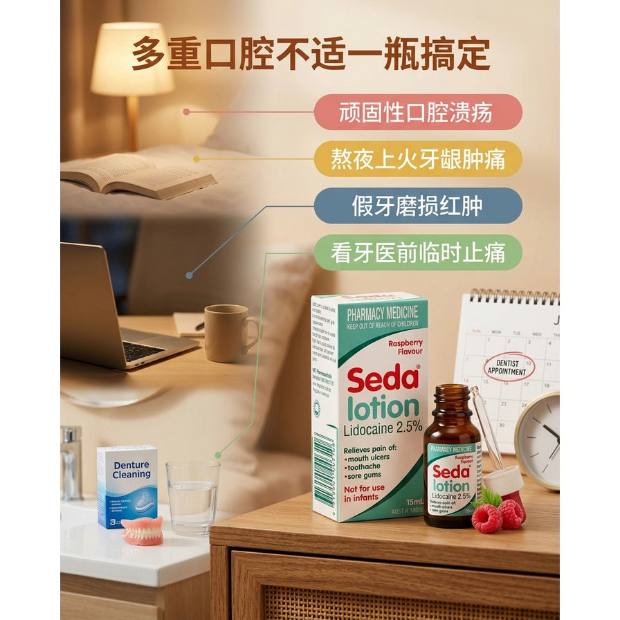 Seda Lotion 口腔止痛液场景卖点图，包含产品包装、药瓶、滴管及覆盆子，背景展示卧室和书房场景，带有中文说明文字：多重口腔不适一瓶搞定。
