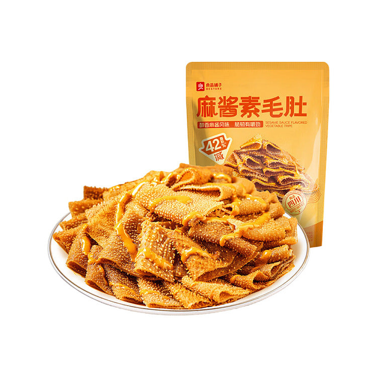 良品铺子麻酱素毛肚产品展示图，包含中文卖点说明与包装细节