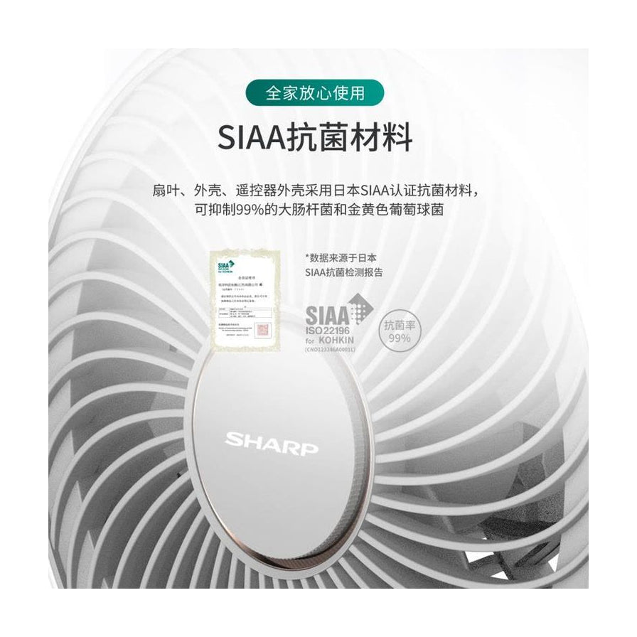 夏普循环扇细节图，展示SIAA抗菌材料认证说明及99%抗菌率卖点。