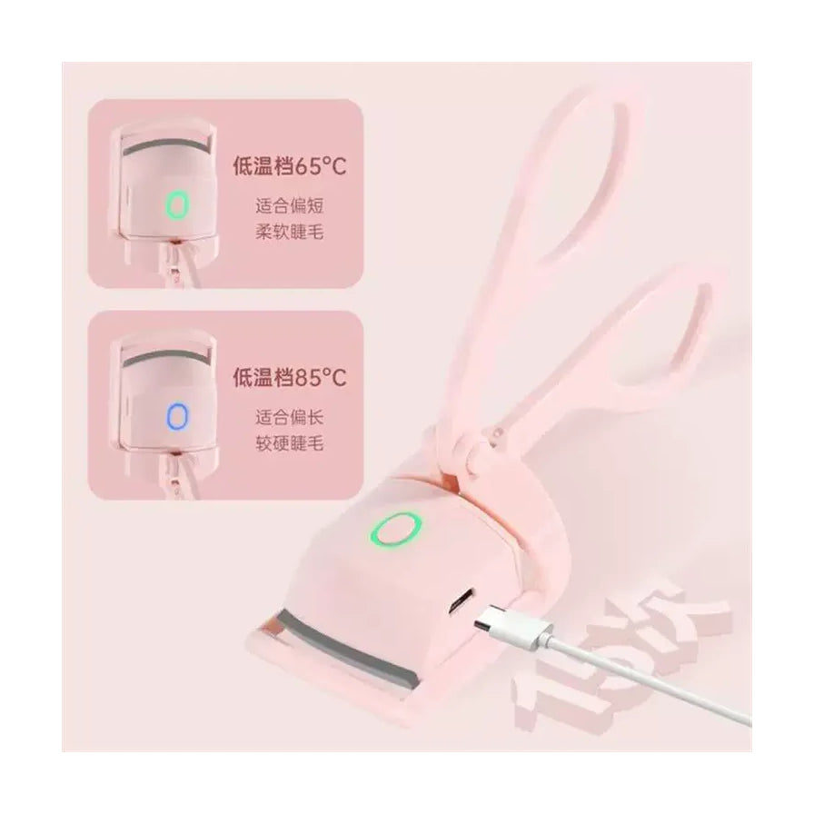 电动睫毛夹功能说明图，含中文温度档位介绍及充电接口展示。