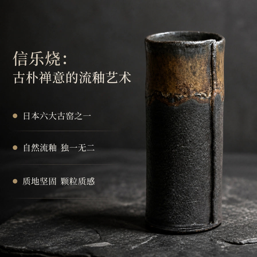 信乐烧流釉投入瓶摆放在黑色石板上，背景深邃，配有中文卖点文字：古朴禅意的流釉艺术、日本六大古窑之一、自然流釉、质地坚固。