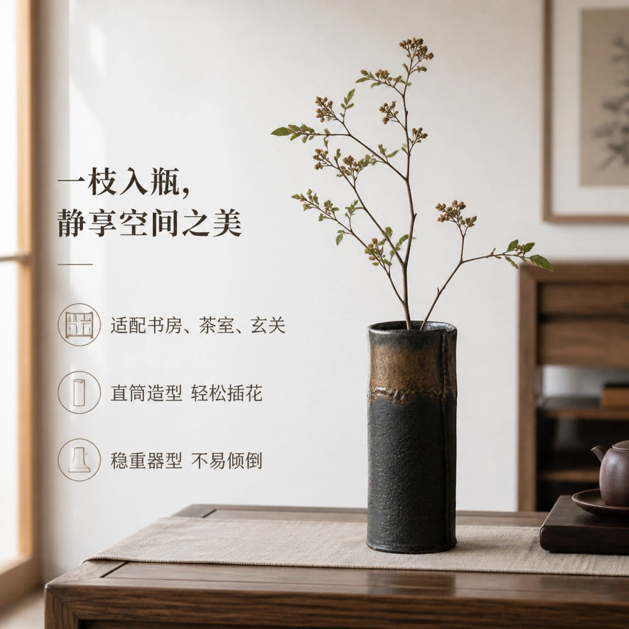 室内茶室场景中，信乐烧投入瓶插有一枝干花，摆放在木质茶几上，配有中文说明：一枝入瓶，静享空间之美，适配书房茶室。