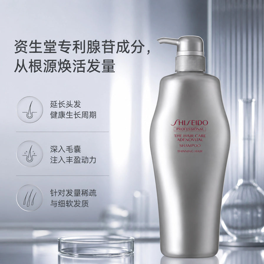 资生堂腺苷洗发水宣传图，配有实验室器皿背景，文字说明包含延长头发生长周期、深入毛囊、针对发量稀疏等卖点。