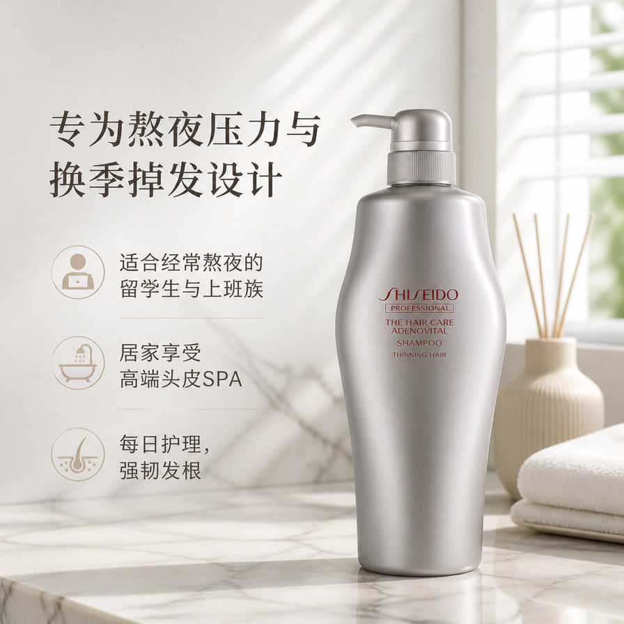 资生堂腺苷洗发水在浴室洗漱台上的场景图，文字说明适合熬夜压力人群、居家享受头皮SPA、每日强韧发根。