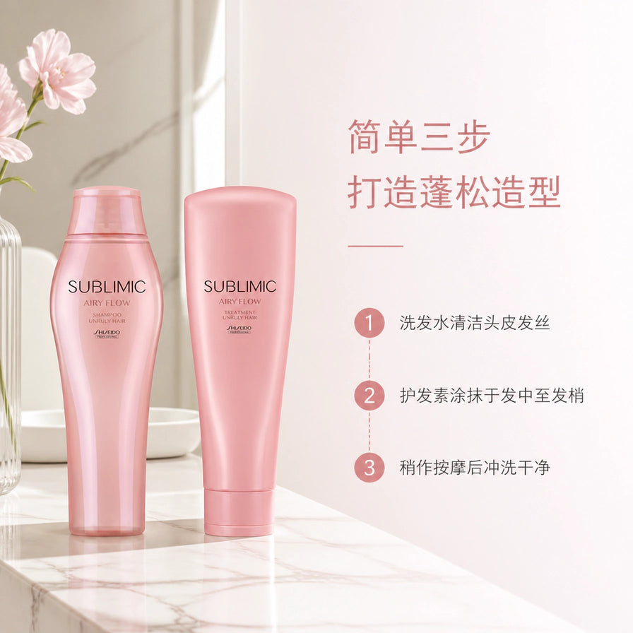 资生堂轻盈丝逸洗护系列使用步骤图，包含洗发水清洁、护发素涂抹及冲洗三个中文步骤说明