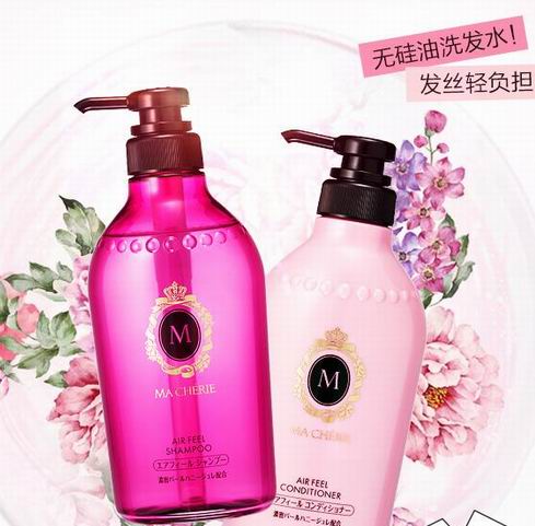 资生堂玛馨妮洗发水与护发素组合套装展示图，背景有花卉装饰及中文宣传语。
