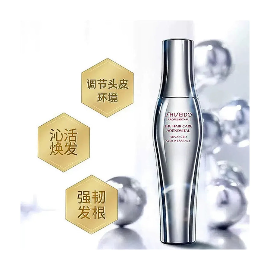 资生堂头皮精华产品图，左侧配有调节头皮环境、强韧发根等金色六边形中文卖点标签。