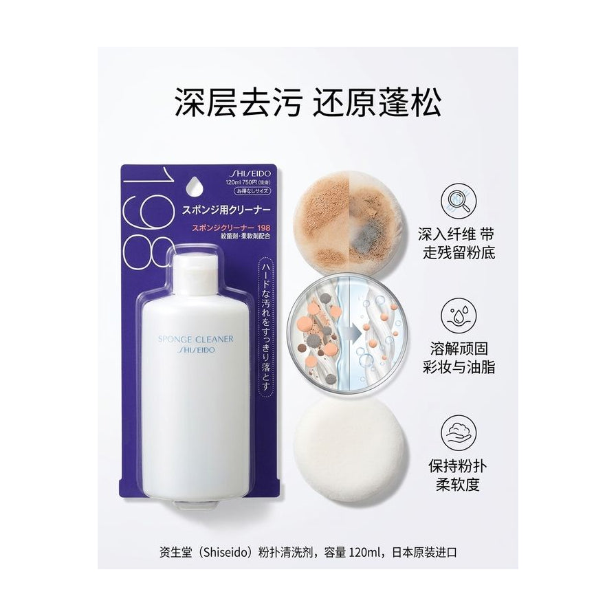 资生堂粉扑清洗剂中文营销海报，包含深层去污卖点图示、粉扑清洁前后对比及功能图标说明。