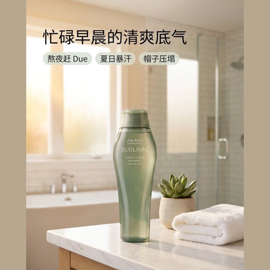 资生堂洗发水浴室场景生活图，搭配毛巾与绿植，展示忙碌早晨的清爽使用氛围。