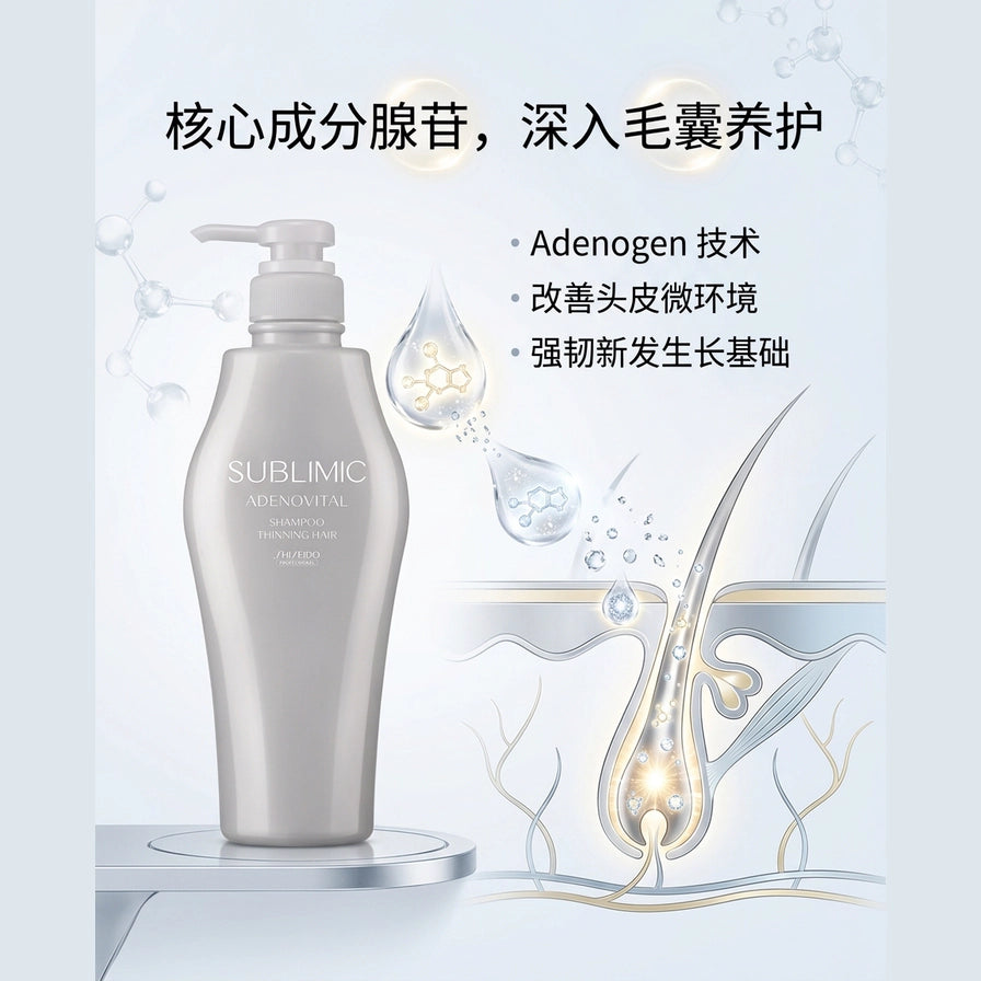 资生堂洗发水成分解析图，展示腺苷技术深入毛囊养护头皮的示意图及中文说明。