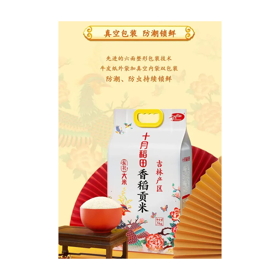 真空包装大米产品展示图，配有红扇背景与盛满米饭的碗，上方标注真空包装防潮锁鲜等中文说明文字。