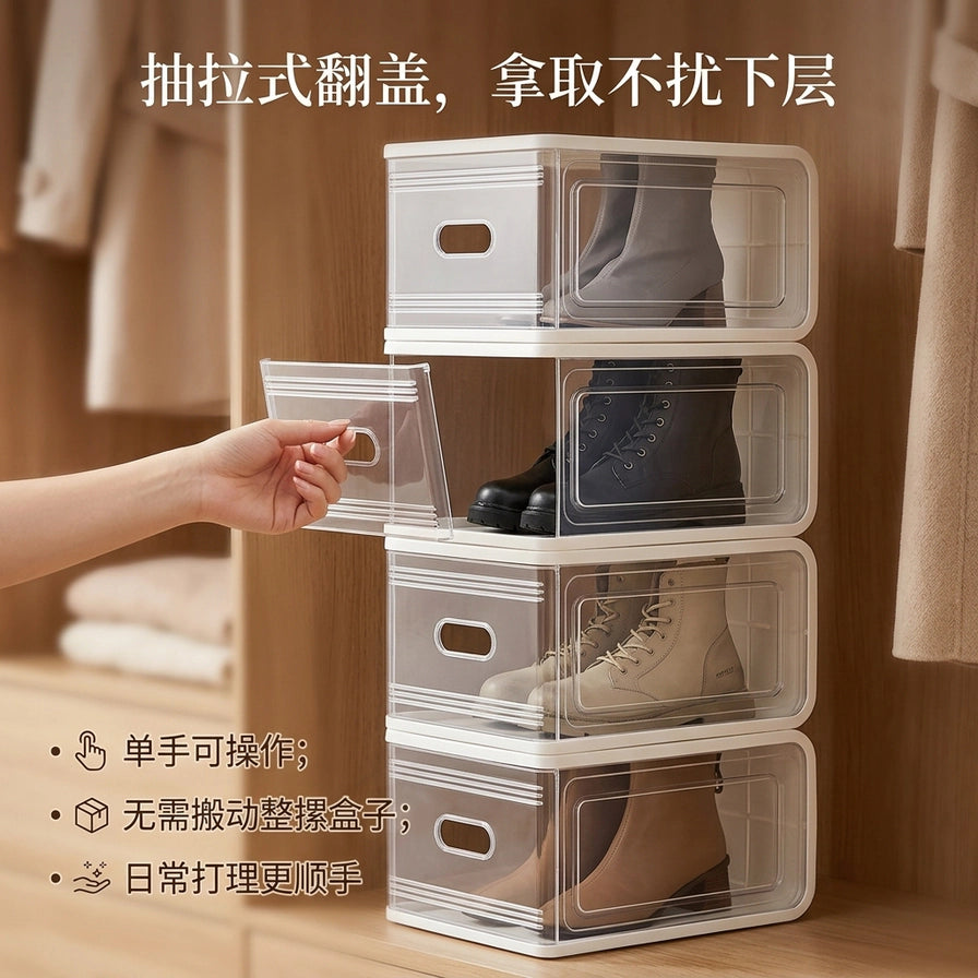 衣柜场景中展示抽拉式翻盖鞋盒，一只手正在打开其中一层，配有中文卖点说明文字。