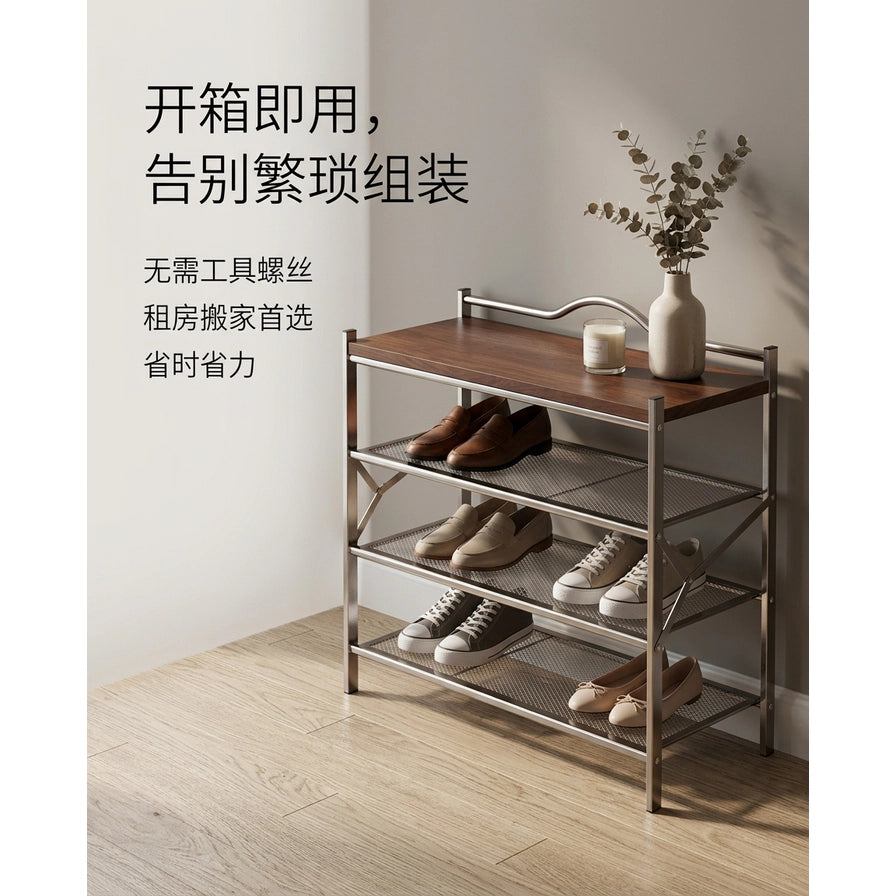鞋架放置在玄关角落的场景图，架上摆放多双鞋子，顶部有花瓶装饰，左侧配有中文卖点文字说明。