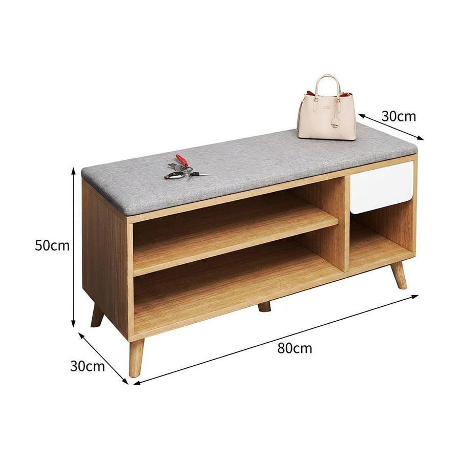 带尺寸标注的产品示意图，显示鞋柜长 80cm、宽 30cm、高 50cm，包含空置的双层隔板和侧边储物格结构。