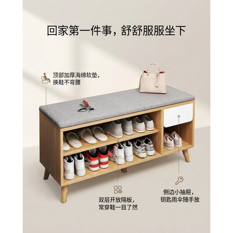 带中文卖点标注的营销图，展示加厚海绵软垫、双层开放隔板和侧边小抽屉功能，配有“回家第一件事，舒舒服服坐下”等说明文字。