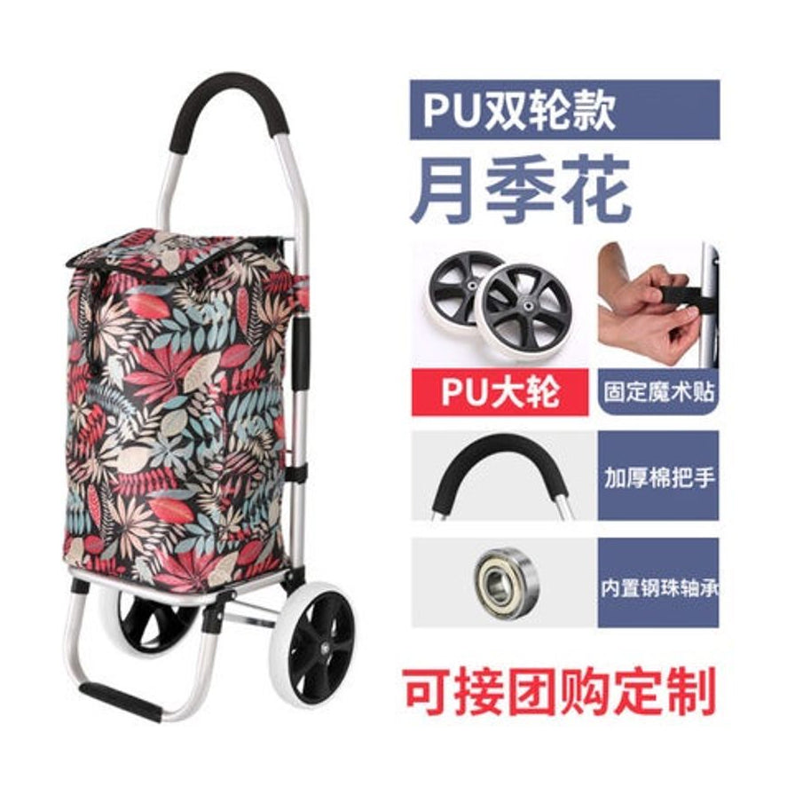 月季花印花双轮购物车细节图解，展示 PU 大轮、固定魔术贴、加厚棉把手及内置钢珠轴承特写，右侧含中文卖点说明。