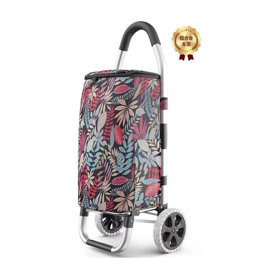 月季花印花双轮购物车正面展示，配有铝合金支架、加厚棉把手和 PU 大轮，右上角有“铝合金车架”金色徽章。