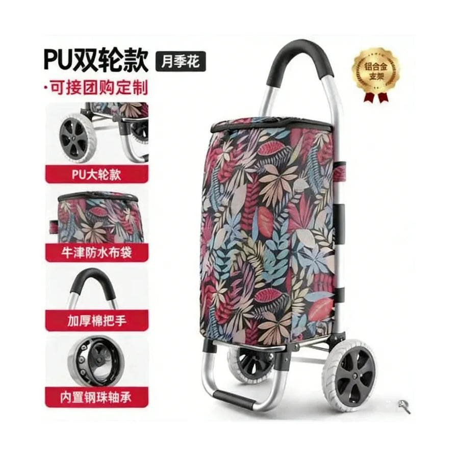 月季花印花双轮购物车侧面图，展示牛津防水布袋、PU 大轮及加厚棉把手细节，左侧包含产品特性说明文字。