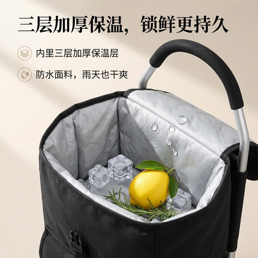 购物车银色保温内胆特写图，内部放置柠檬和冰块展示保鲜效果，图片上方叠加有中文关于保温层和防水面料的说明文字。