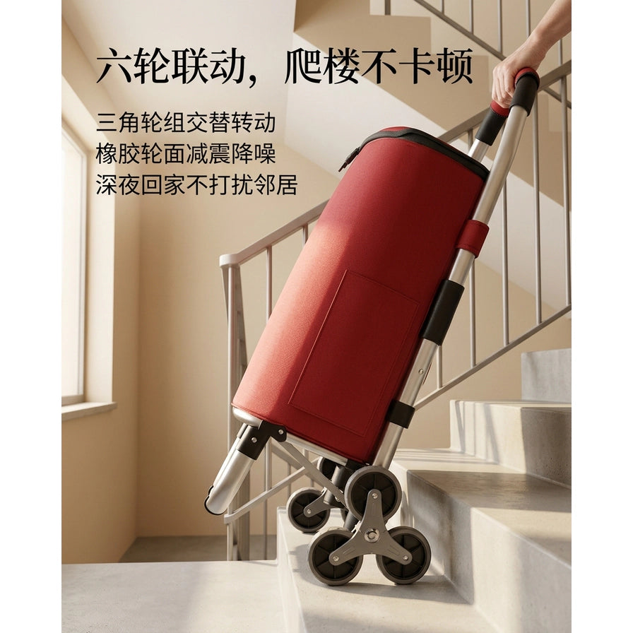 红色购物车在楼梯上使用的场景图，配有中文标题“六轮联动，爬楼不卡顿”及卖点说明文字。