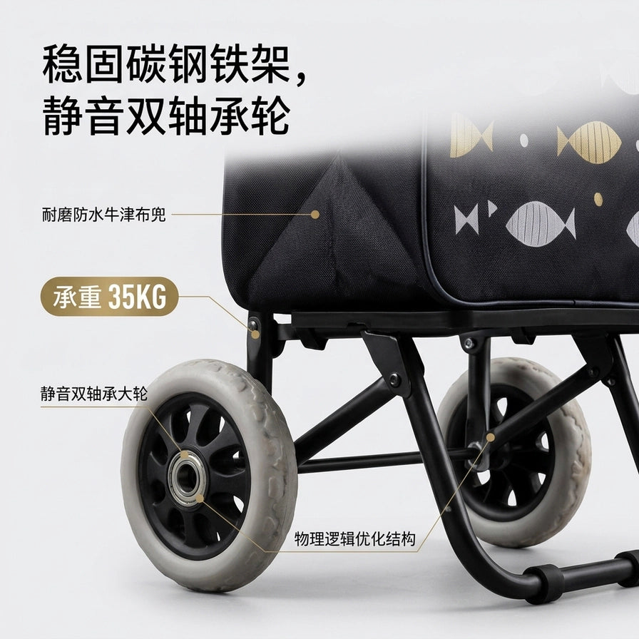 购物车局部特写图，展示碳钢铁架、静音双轴承大轮及承重结构，配有中文卖点标注。