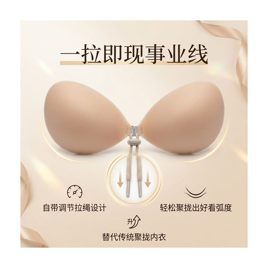 功能示意图，通过箭头和中文标注演示拉绳聚拢原理，强调替代传统内衣打造事业线。