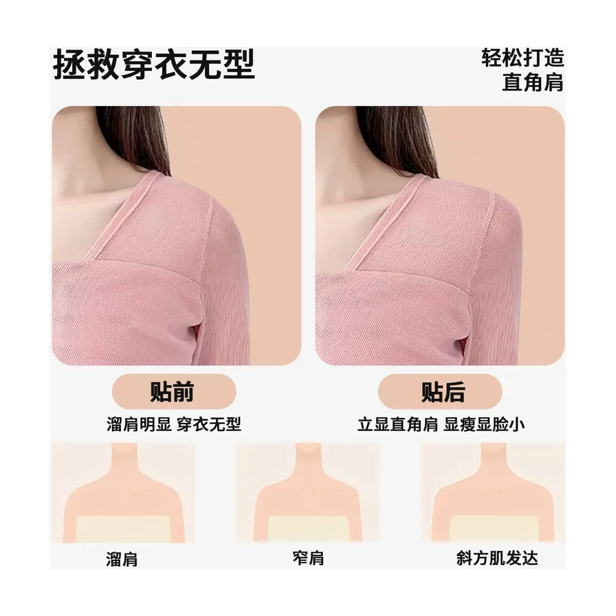 模特穿衣前后对比图，展示使用垫肩后改善溜肩、窄肩的效果，下方配有溜肩、窄肩、斜方肌发达的示意图。