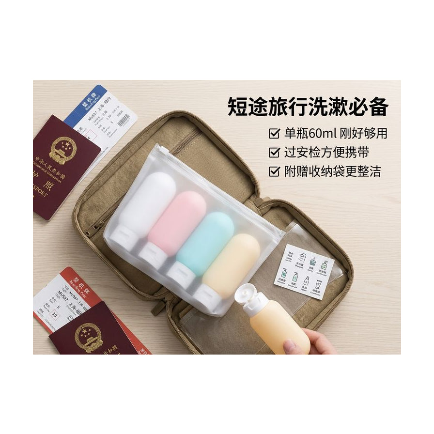 旅行洗漱包场景图，内含四个分装瓶和标签贴，旁边放置护照机票，配有中文卖点说明。