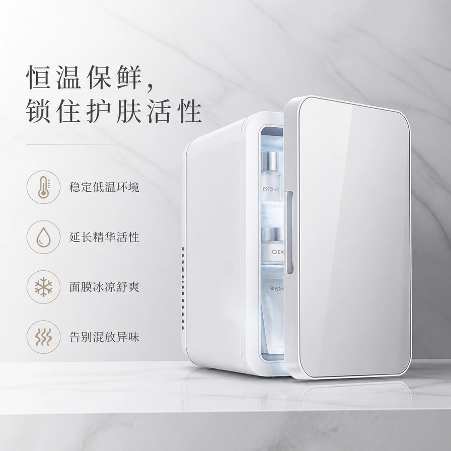 美妆冰箱开启状态，内部整齐摆放着精华液和面霜，左侧配有恒温保鲜、锁住护肤活性的中文卖点说明。