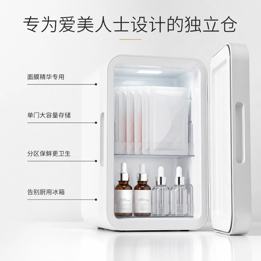 美妆冰箱内部特写，展示分区存储空间，上层存放面膜，下层存放精华液，配有独立仓设计的中文介绍。
