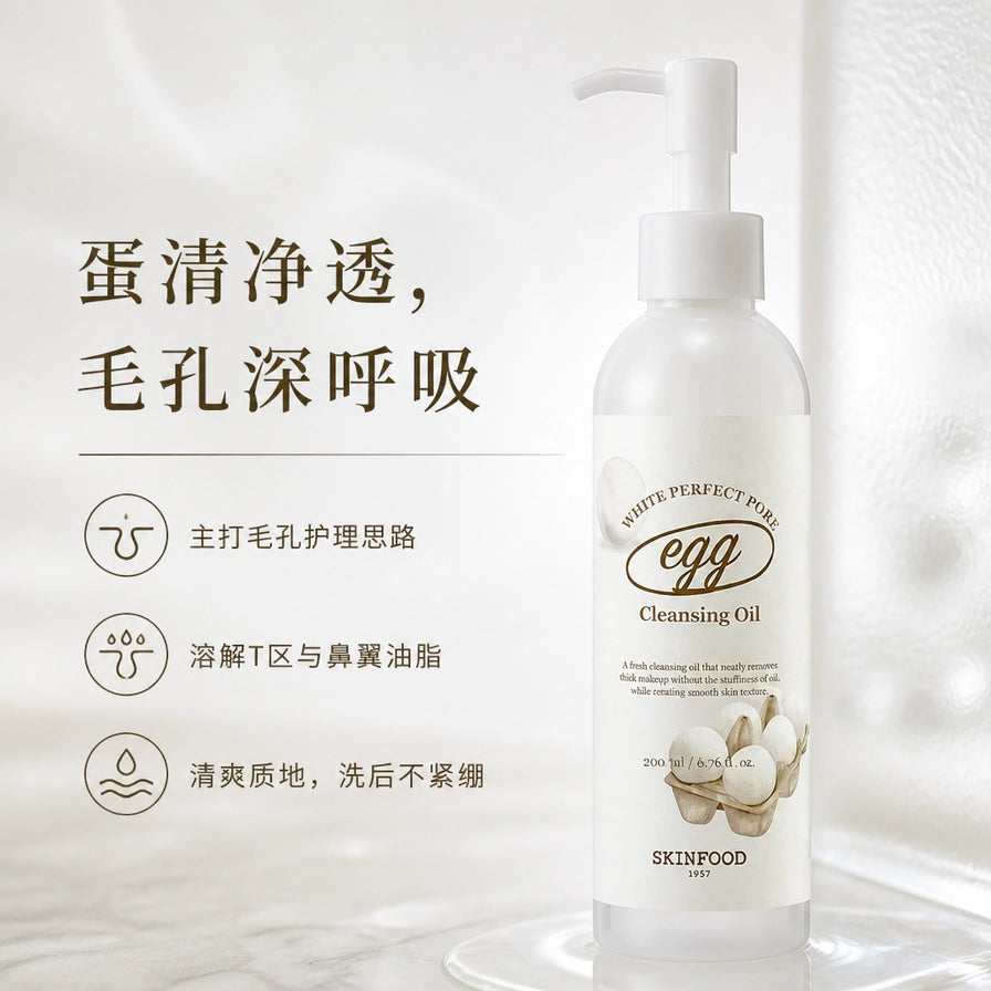 SKINFOOD思亲肤蛋清完美毛孔卸妆油展示图，配有中文卖点：蛋清净透、毛孔深呼吸、溶解油脂。