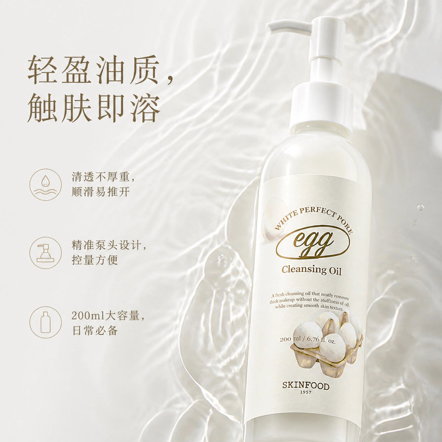 SKINFOOD思亲肤蛋清完美毛孔卸妆油在水波纹背景下的展示图，配有中文说明：轻盈油质、触肤即溶。