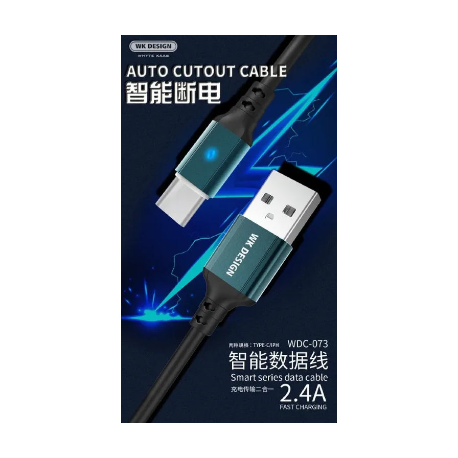 深蓝色背景的海报，展示 WDC - 073 智能断电数据线，带有“智能断电”、“2.4A 快充”和“充电传输二合一”等中文卖点文字。