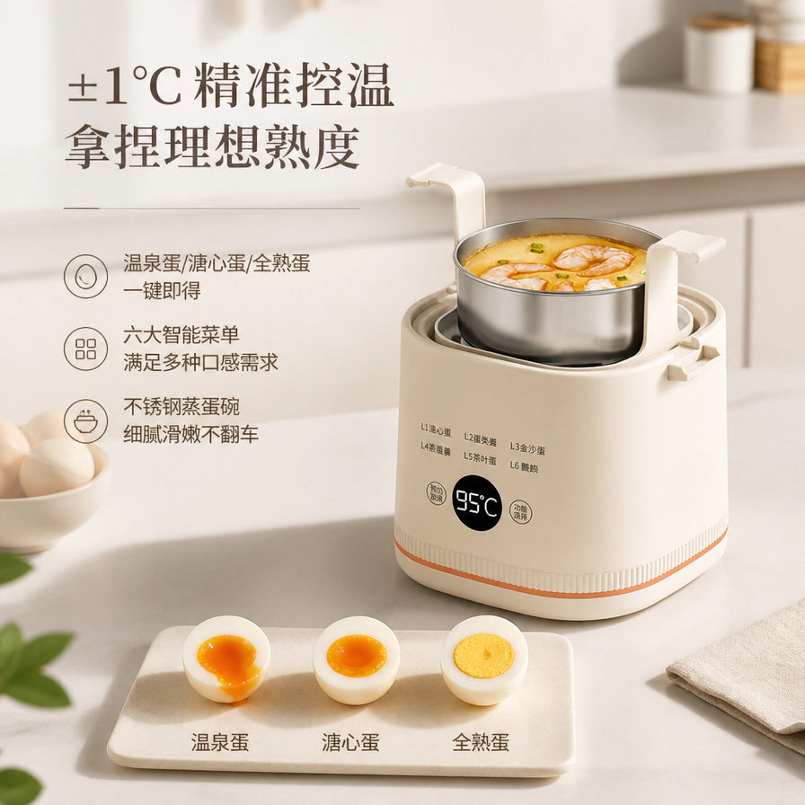 智能煮蛋器在厨房环境中的展示，前景摆放着温泉蛋、溏心蛋和全熟蛋的对比，背景显示控温卖点文字。