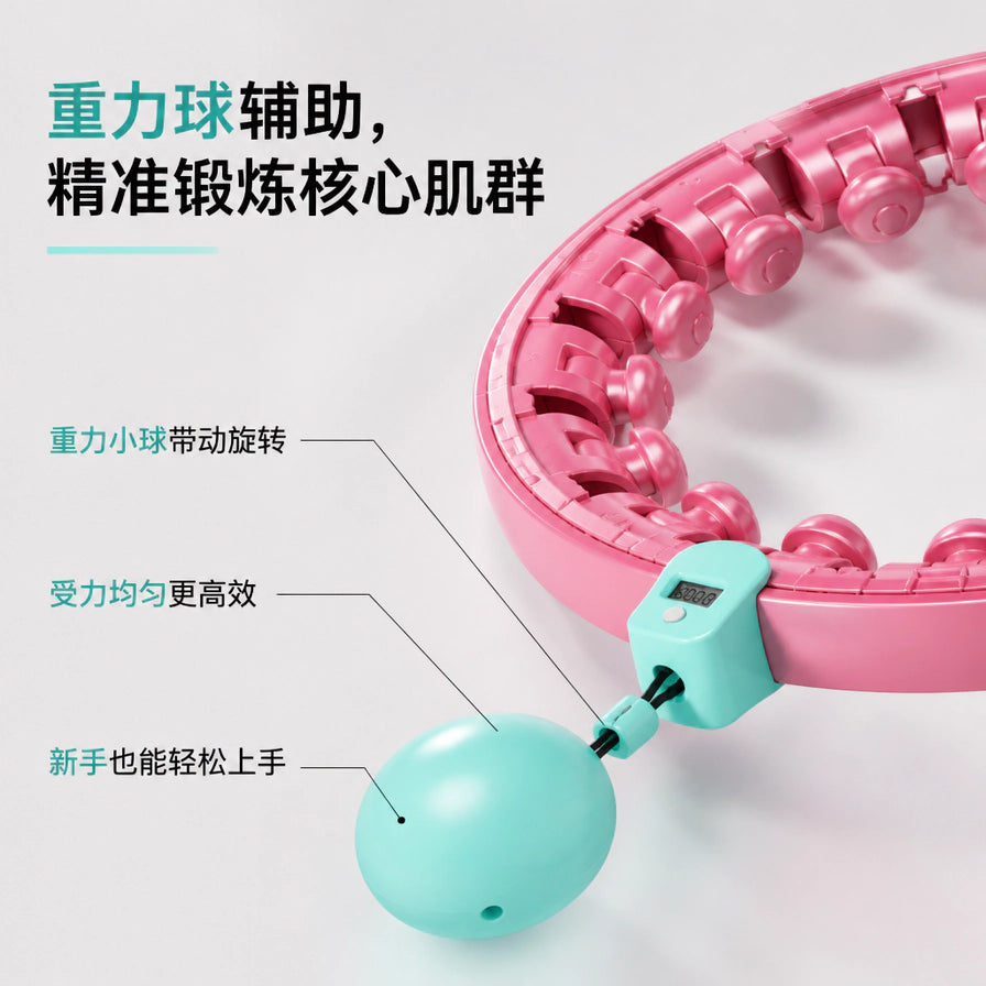 智能呼啦圈重力球辅助功能展示图，带有重力球辅助、精准锻炼核心肌群等中文说明文字。
