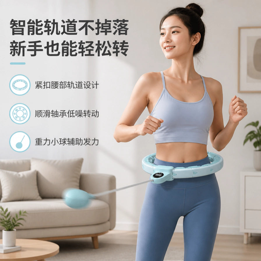 一名女性在客厅佩戴浅蓝色智能呼啦圈进行健身，配有智能轨道不掉落、顺滑轴承、重力小球辅助发力等中文卖点说明。